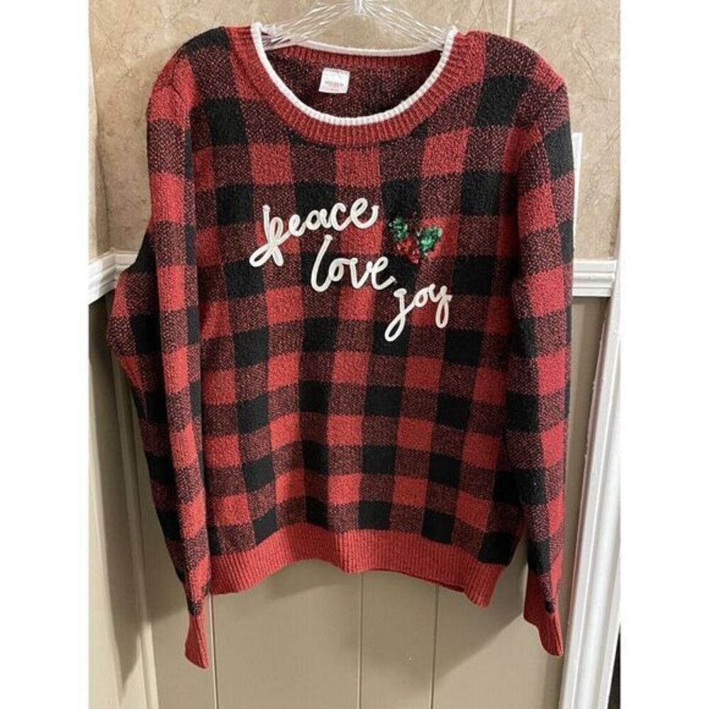 Holiday Time‎ Red Christmas Sweater Women's Size Large (12-14) Buffalo Check